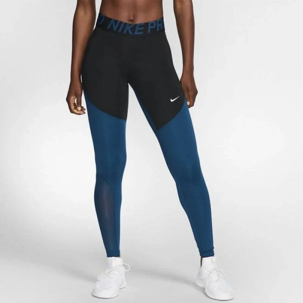 Nike Pro Dri-FIT Women Black Blue Colorblock Mesh Training Leggings Size CS